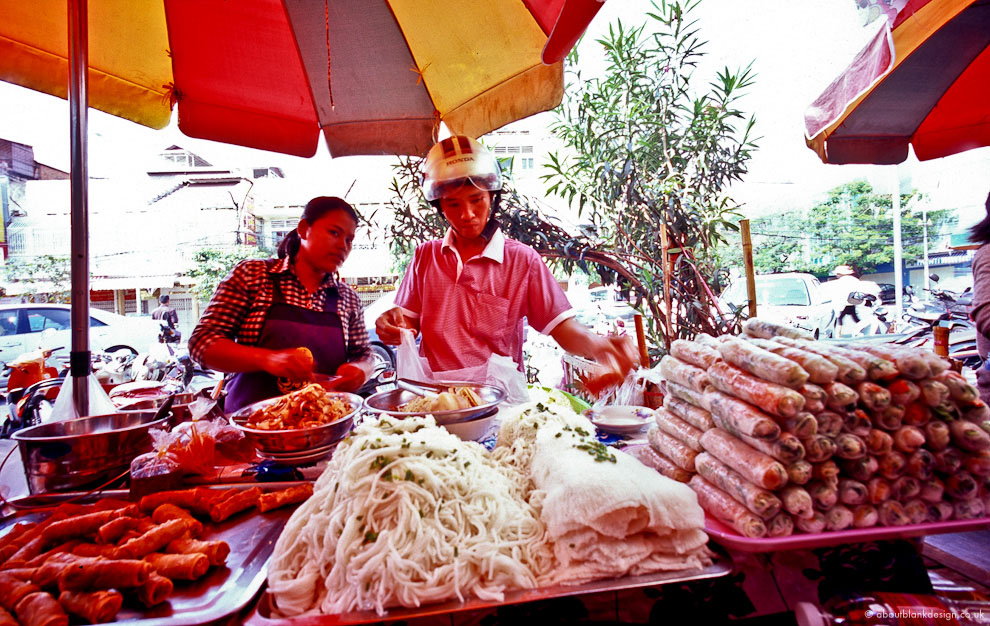 #2 Market Food. from left to right: fried spring rolls. noodles. more noodles. fresh spring rolls. awesomes.