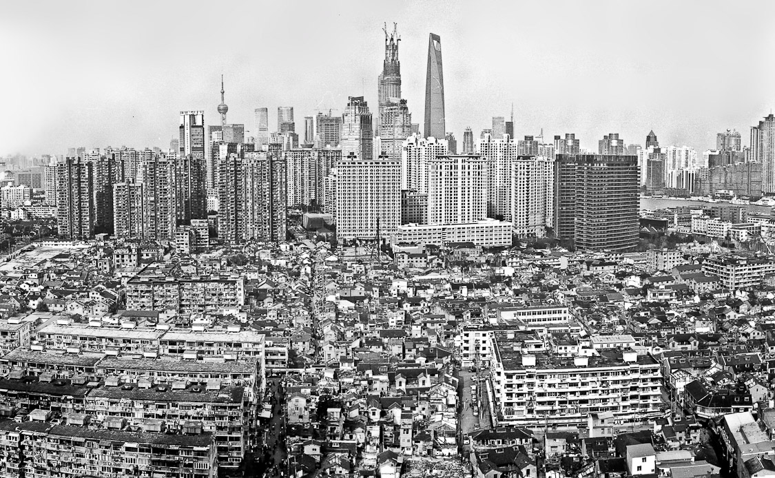#1 Top down view of Laoximen (on the left) and Xiaonanmen (on the right), Pudong in the background and residential developmens slowly creeping forward.